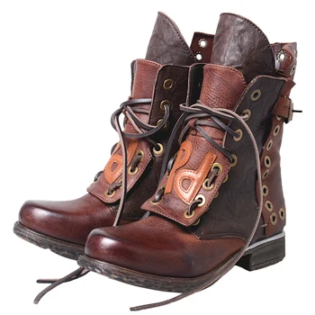 

Genuine Leather Gladiator Ankle Boots Lace UP Flat Heels Round Toe Fashion Women Shoes Color Gladiator Hold Pattern Roman Boots