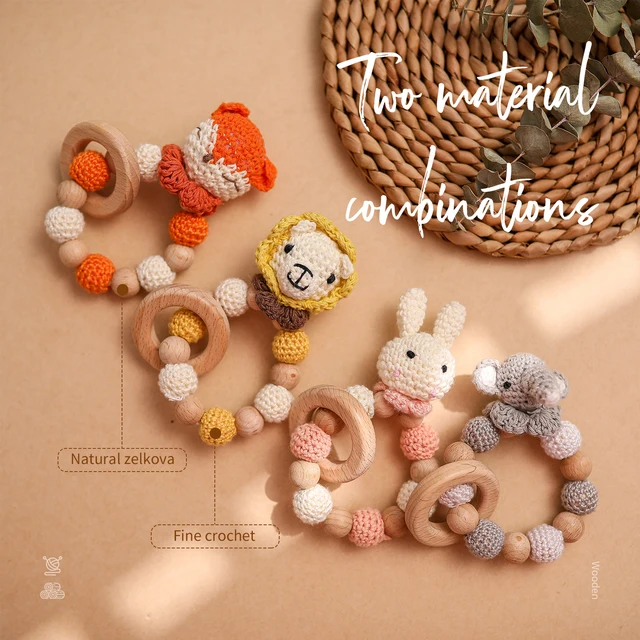 1 Pc Wooden Natural Crochet Baby Infant Teether Teething Ring Bracelet Toys Animal Shaped Nursing Bracelet Rattle Gift for Kids 4