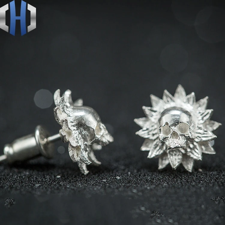 S925 череп из серебра серьги личности череп солнце цветок Подсолнечник креативные серьги