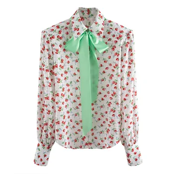

WOMENGAGA 2020 spring new blouse long-sleeve bow print patchwork turn-down collar Single-breasted casual loose streetwear a367