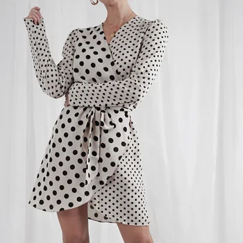 

2019 New Women Girls Fashion Casual Summer Wave POLKA DOT Pattern Bubble Satin Stitching V Neck Strap Dress