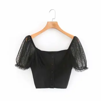 

Women Summer Top Blouses Black Crop Shirt Patchwork Mesh Short Sleeve Chic Female Fashion Sexy Slim Shirt Women's Clothing