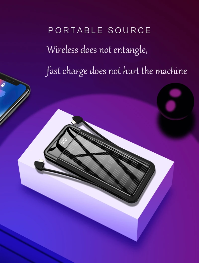 Внешний аккумулятор на солнечной батарее, 20000 мА/ч, двойной USB, зеркальный внешний аккумулятор, солнечное зарядное устройство, внешняя батарея, Встроенный кабель для xiaomi, HUAWEI, iphone