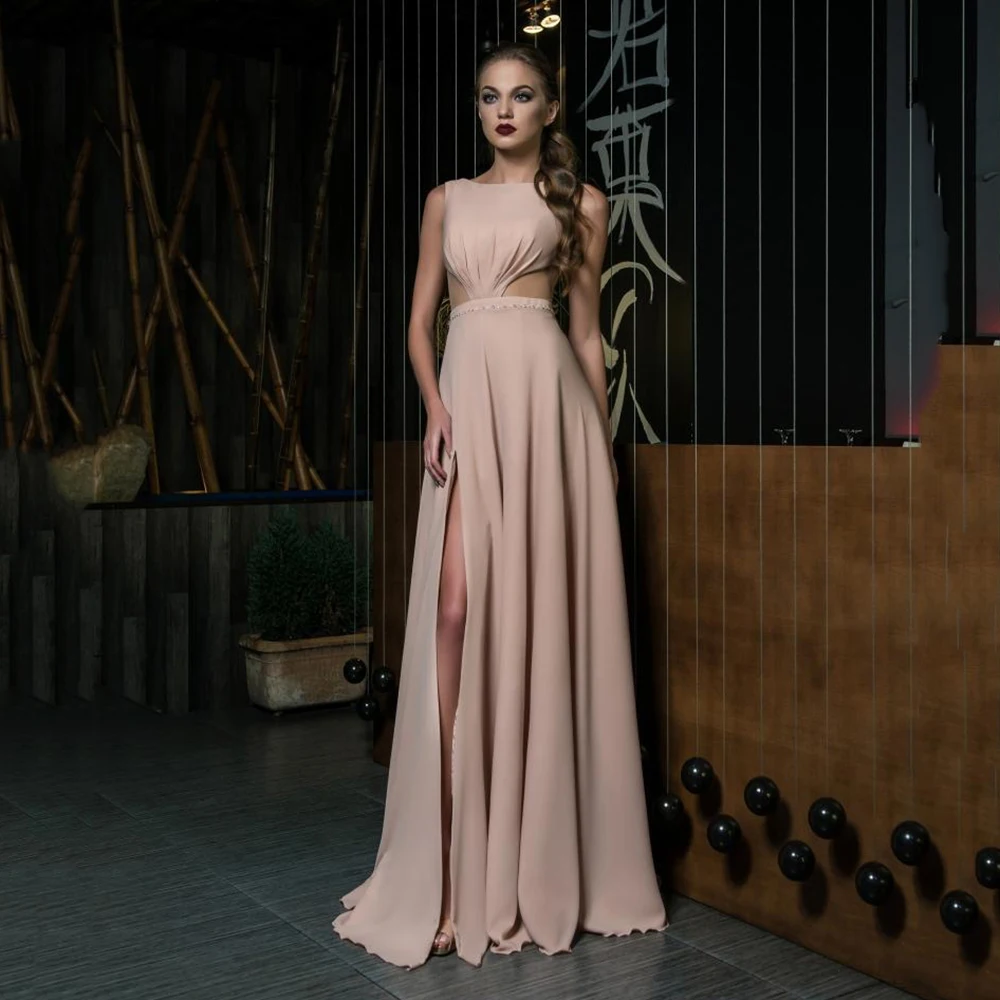 Blush Pink Chiffon Prom Dress Scoop Neckline Lace-up A Line Long Gown High Split Party Vestido De Noche | Свадьбы и торжества