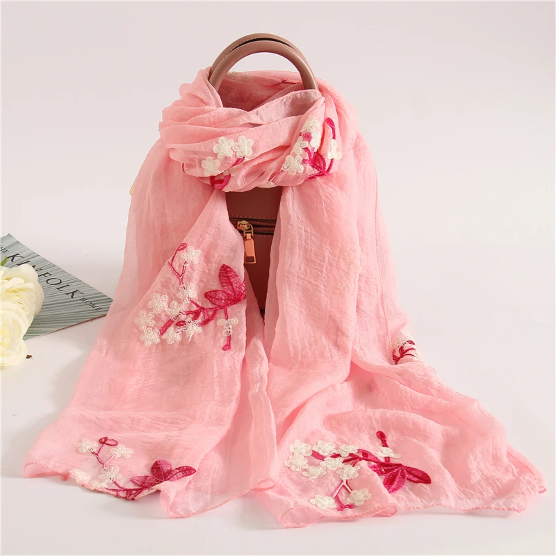 Embroidery Silk Scarves for Women New Fashion Floral Print Shawls and Wraps Thin Long Pashmina Lady Neck Scarf Hijab Femme