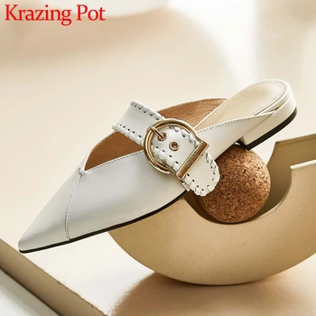 

Krazing pot 2020 full grain leather outside slipper low heel pointed toe snack veins buckle decorations slip on shoes women L23