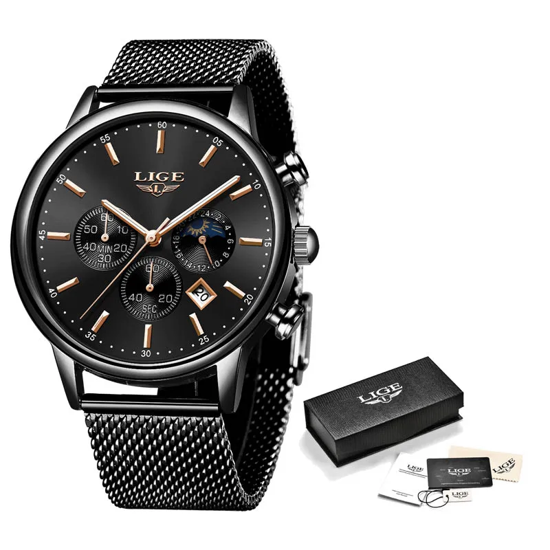 LIGE повседневные спортивные часы для мужчин Лидирующий бренд Роскошные синие кожаные военные наручные часы Мужские часы модные наручные часы с хронографом - Цвет: All  black M