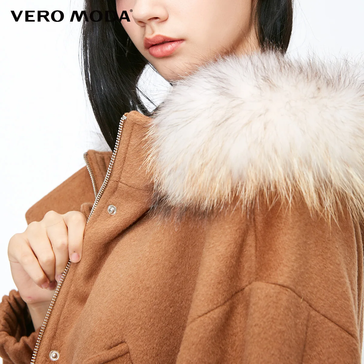 Vero Moda Женское шерстяное пальто со съемным мехом енота с капюшоном | 318327520