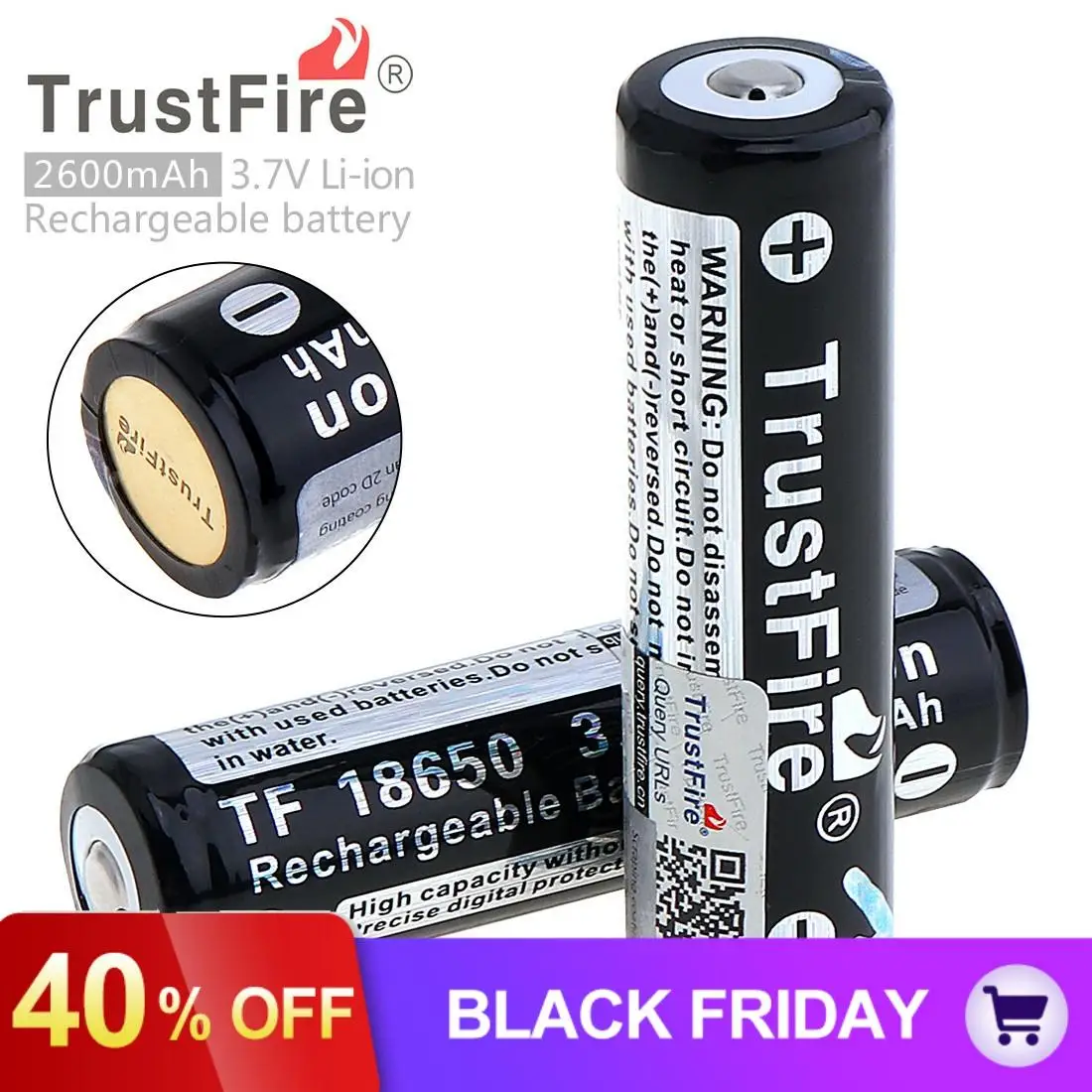 2 шт./лот TrustFire 3,7 V 2600mAh 18650 литий-ионная аккумуляторная батарея с предохранительным клапаном для светодиодный налобный фонарь