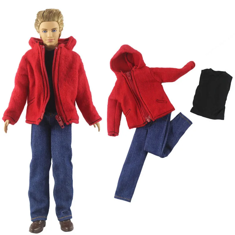 1set Black Tank Denim Trousers Pants Red Fur Coat for Ken Boy Doll Clothes Outfits Suit Clothing Barbie's Boyfriend | Игрушки и