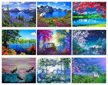 

Yikexin Diamond Embroidery Landscape Handmade Diamond Painting Lakeside scenery Round Needlework Mosaic Cross Stitch Home Decor
