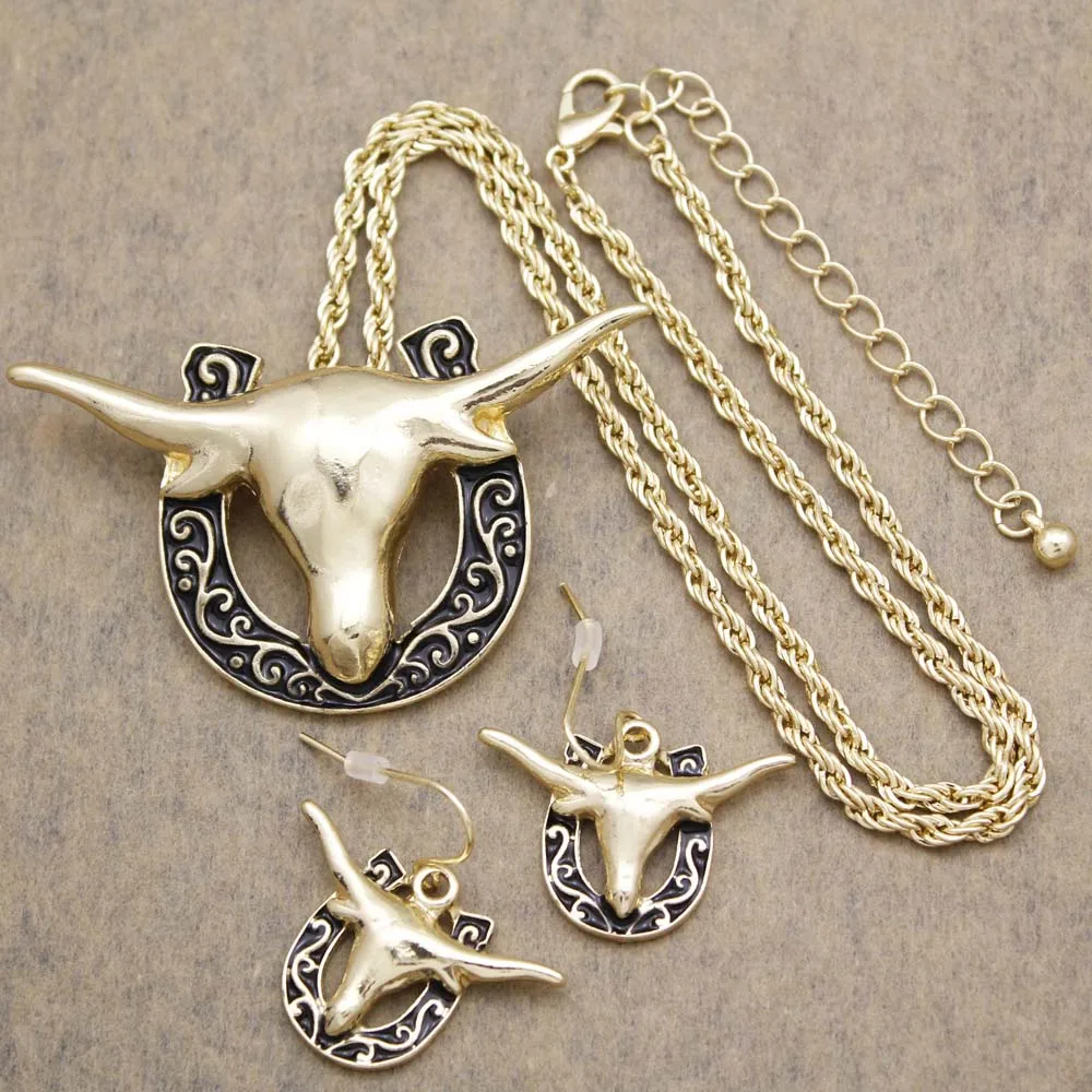 Lady Western Texas Cowgirl Hat Stetson подвеска в виде ботинка Spur Rodeo змея звено цепи Висячие серьги ожерелье набор ювелирных изделий - Окраска металла: Gold Bull Head