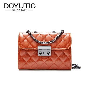 

DOYUTIG Lovely Mini Size Genuine Leather Diamond Lattice Cross-body Bags Women Black Metal Chains Shoulder Bags Square Flap F680