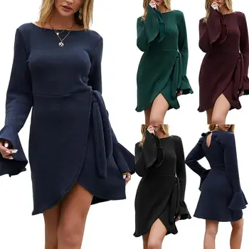 

Women O Neck Long Flared Sleeve Irregular Hem Knitted Waist Bandage Mini Dress Back Button Waist Bandage Irregular Hem Mini Dres