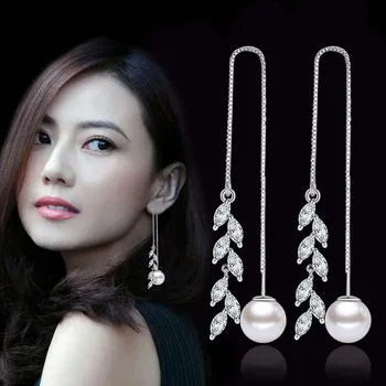 

New Fashion 925 Sterling Silver Zircon Flower Leaves Box Chain Long Tassel Ear Line Luxury Pearl Drop Earrings pendientes