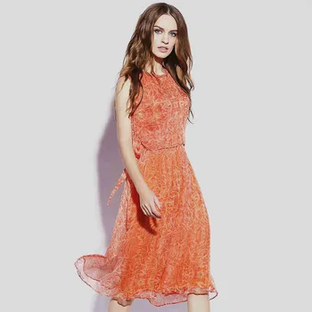 

New Natural silk dress for women elegant Summer 2019 sleeveless Orange green color casual dresses loose Retro dresses