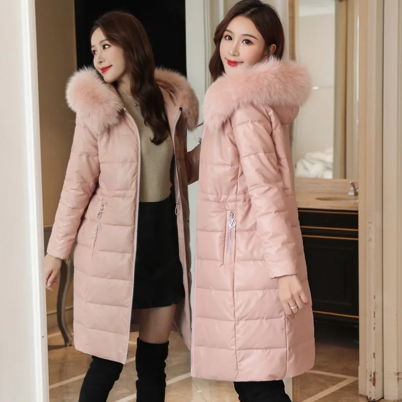 

2019 Winter New Style Korean-style Thick Mid-length PU Leather down Jacket Cotton-padded Clothes Women's Slimming Really Fox Fur