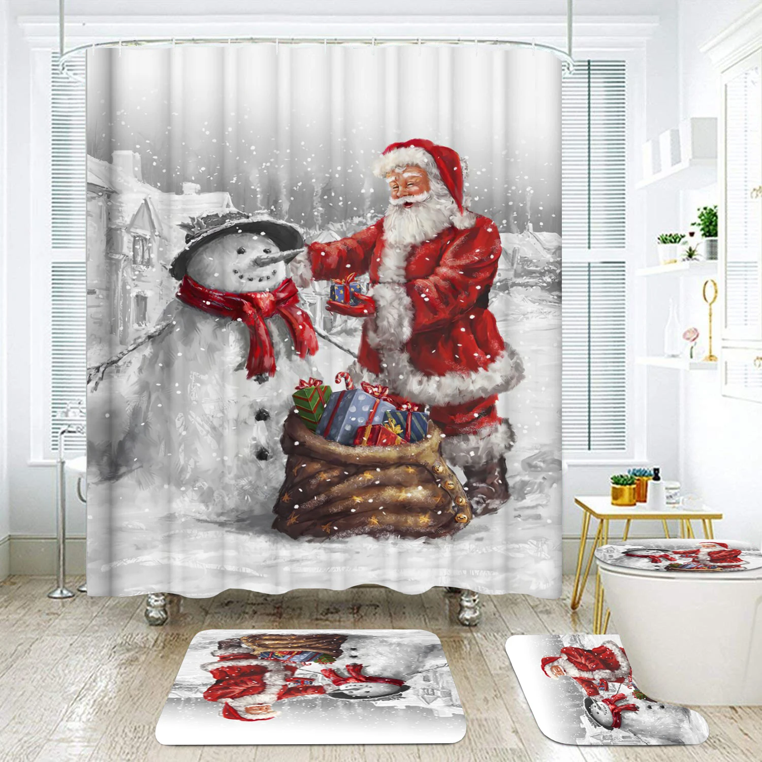 Merry Christmas, наборы для ванной, Санта Клаус, снеговик, водонепроницаемый, полиэстер, 180*180 см, занавеска для душа, коврик для ванной, крышка для унитаза, набор