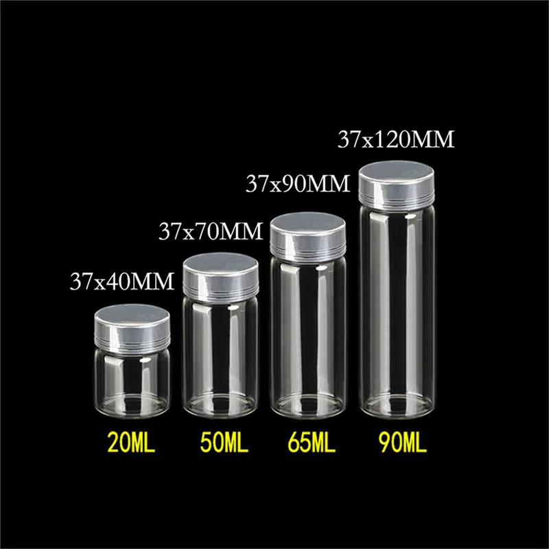 20ml 50ml 65ml 90ml Glass Storage Bottles with Silver Screw Cover Empty Sweets Vanilla Pill Food Perfume 6pcs 5