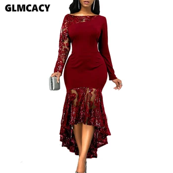 

Women Sequin Embellished Long Sleeve Lace Panel Dress Plus Size Formal Elegant Spring Fall Office Lady Party Vestidos
