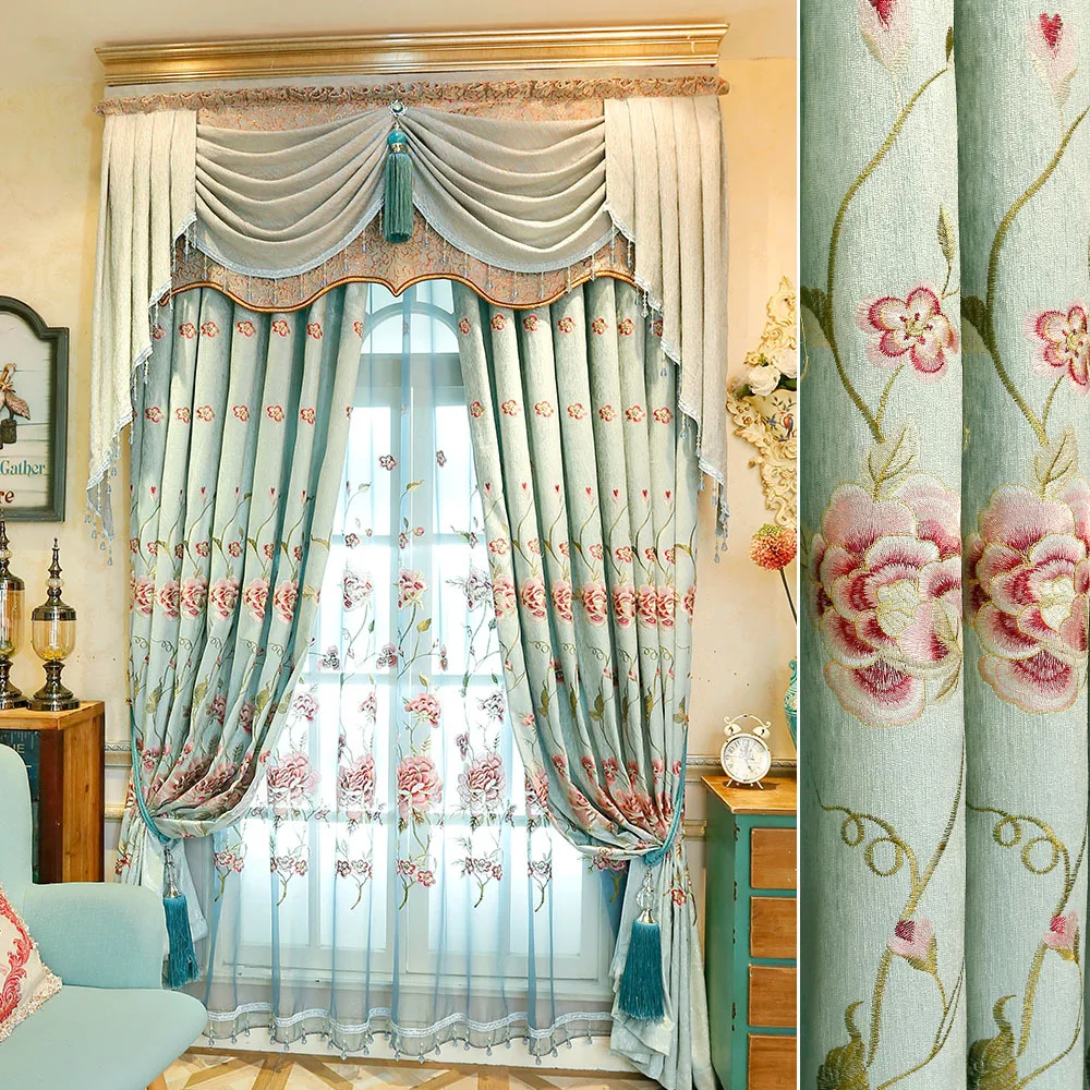 

Custom curtains for Living Room Bedroom European-Style Chenille Shade Embroidered Curtain Left and Right Biparting Open