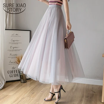 

Long Skirt Women A- Line Mesh 2020 Spring New Contrast Color Fashion Swing Midi Skirt Temperament Feminine Tulle Skirts 8966 50