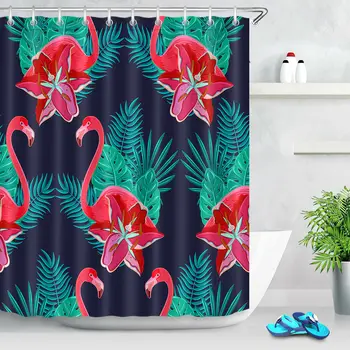 

Bathroom Waterproof Fabric Shower Curtain Hooks Tropical Flamingo Leaves Flowers