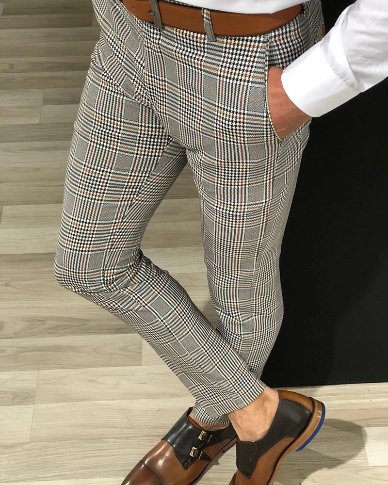 Мужские клетчатые брюки, проверенные Формальные Элегантные повседневные деловые офисные брюки, облегающие джоггеры, тартан, обтягивающие эластичные спортивные штаны