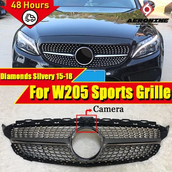 

For Mercedes Benz W205 Sports Grille grll Diamond Style ABS Silver With Camera C class C180 C200 C250 C63 Look grlls 2015-2018
