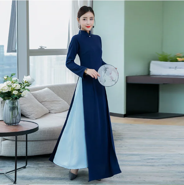 ao dai вьетнамская одежда Восточное традиционное платье с длинным рукавом aodai женское шелковое длинное платье Чонсам элегантное