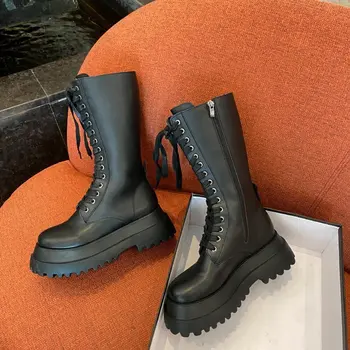 

Black Knee High Boots Platform Women Lace Up Motorcycle Boots Thick Sole Long Boots Women Punk Shoes Botas Mujer 2020