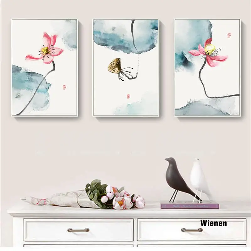 New Chinese Stylle Lotus Canvas Decoration Painting Living Room Watercolor Hotel and Home Nordic Mural Wall Art | Дом и сад