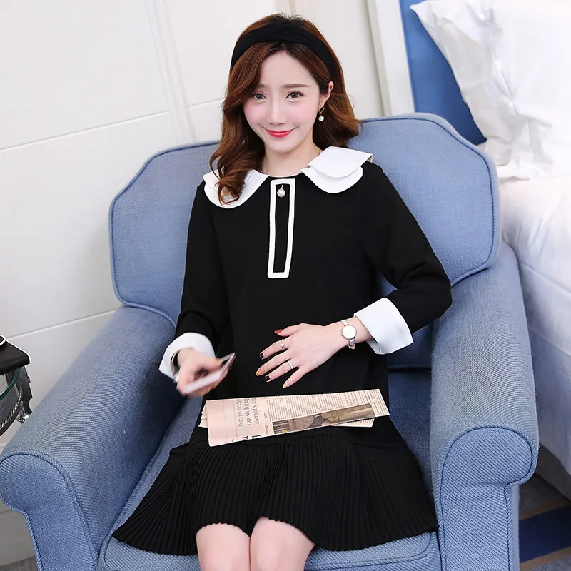

2018 Spring New Style Korean-style Maternity Clothes Peter Pan Collar Beads Pleated Sweet Loose Maternity Dress Mid-length