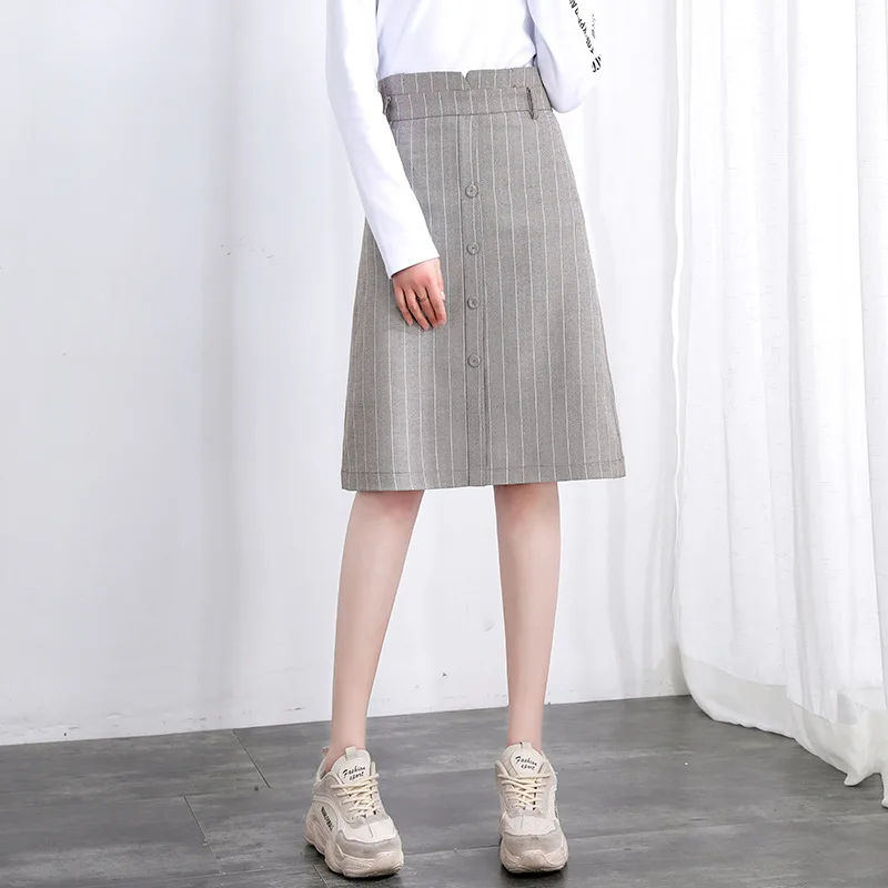 

Vertical Striped Skirt Women's Spring 2019 New Style Hong Kong Flavor Button Flounced High-waisted Mid-length Retro A- line Skir