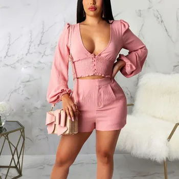 

Two Piece Set Women Sexy Fashion Solid Color Tracksuit V-neck Two-piece Suit Shorts + Tops Two Piece Outfits Women Clothes