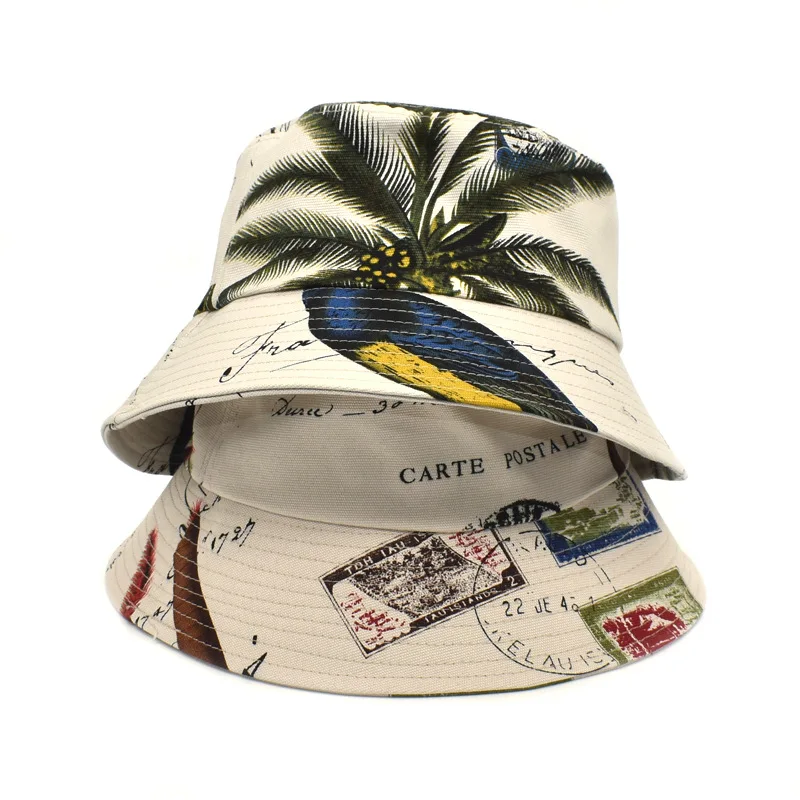 

2021 Cotton Stamp Bucket Hat Reversible Foldable Fisherman's Hat Summer Flat Bob Hat Trend Outdoor Sunshade Panama Caps