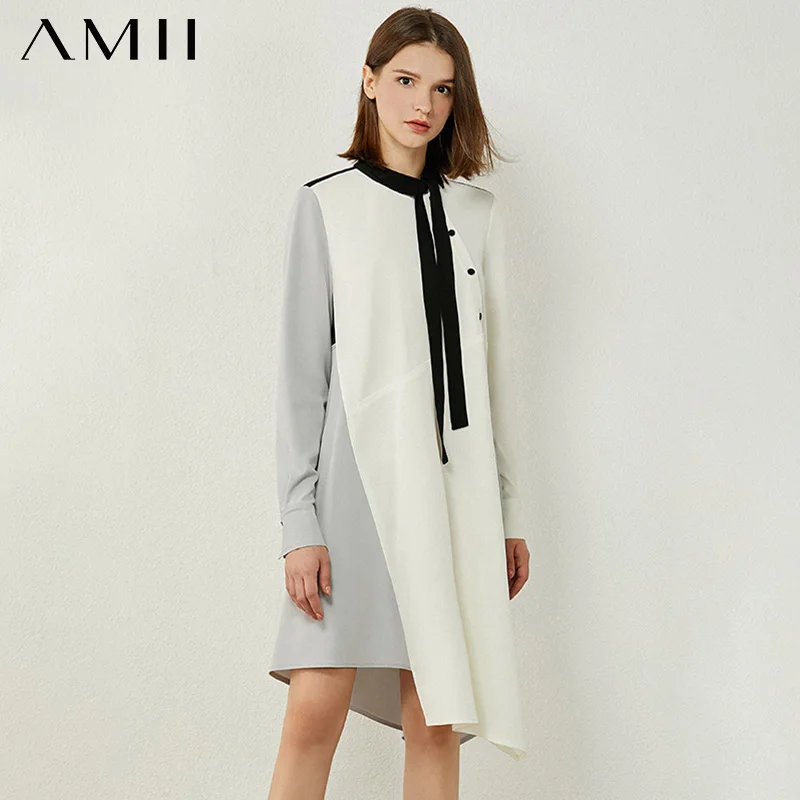 AMII Minimalism Autumn Women's Dress Fashion Spliced Bow Neck Loose Aline Dresses For Women Irregular Hem Female Dress 12020231 AMII Minimalism Autumn Women's Dress Fashion Spliced Bow Neck Loose Aline Dresses For Women Irregular Hem Female Dress 12020231