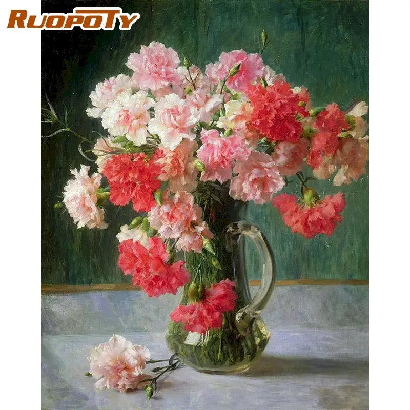 

RUOPOTY Frame DIY Painting By Numbers Carnation HandPainted Oil Painting Flowers Acrylic Painting Home Decoration Unique Gift