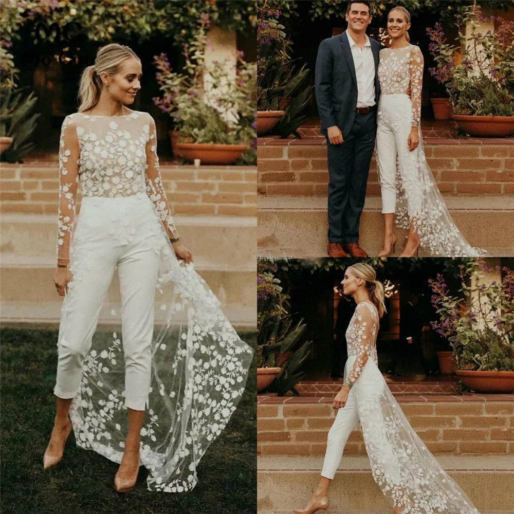 

2023 Beach Jumpsuit Wedding Dresses Lace Applique Long Sleeves A Line Wedding Dress Bridal Gowns Custom Made Vestidos De Novia