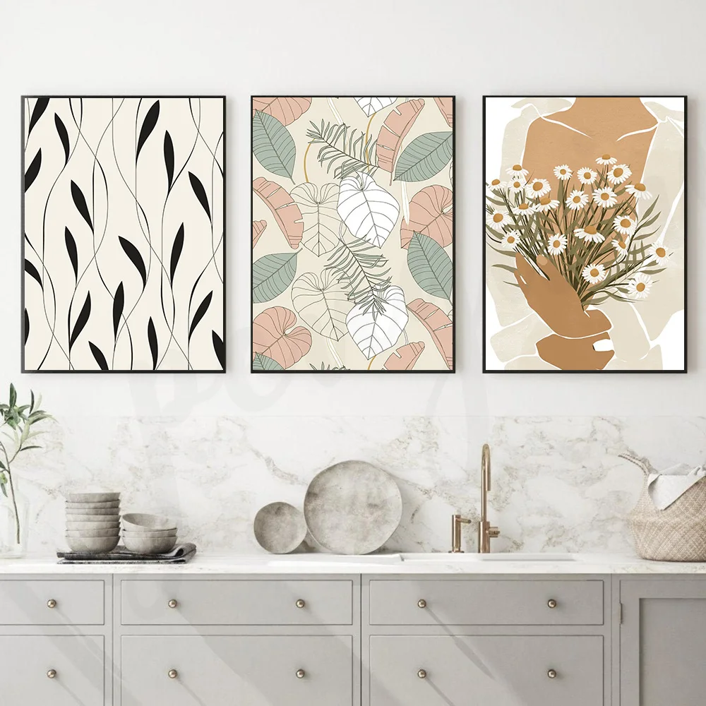 Minimalist Wall Art Canvas Painting Abstract Geometry Line Leaves and Flower Poster Print Picture for Living Room Decor | Дом и сад