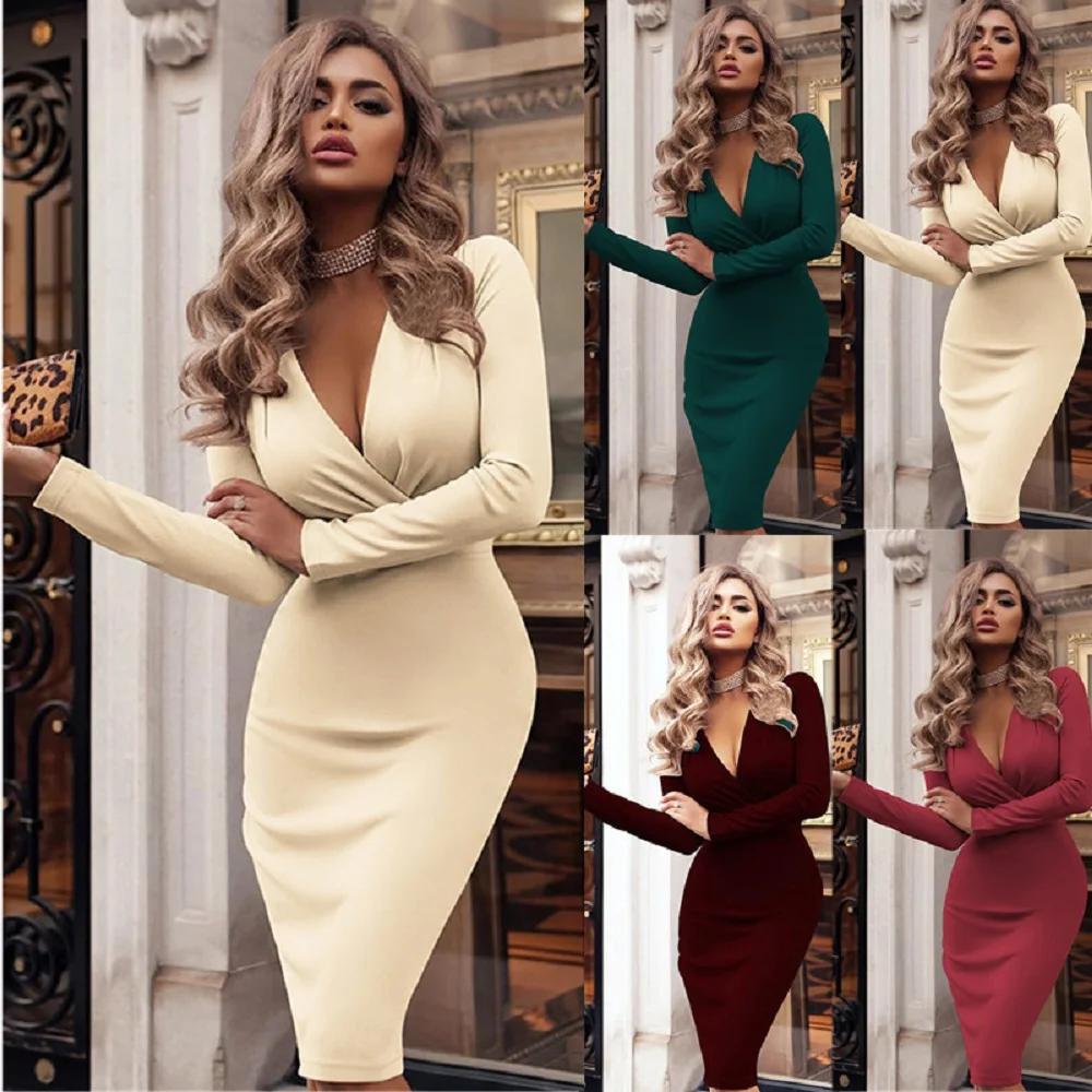 

Women's Dress Autumn Winter Casual Solid Color Long Sleeve Elegant Office Lady Dress Sexy Deep V-Neck Bodycon Pencil Party Dress