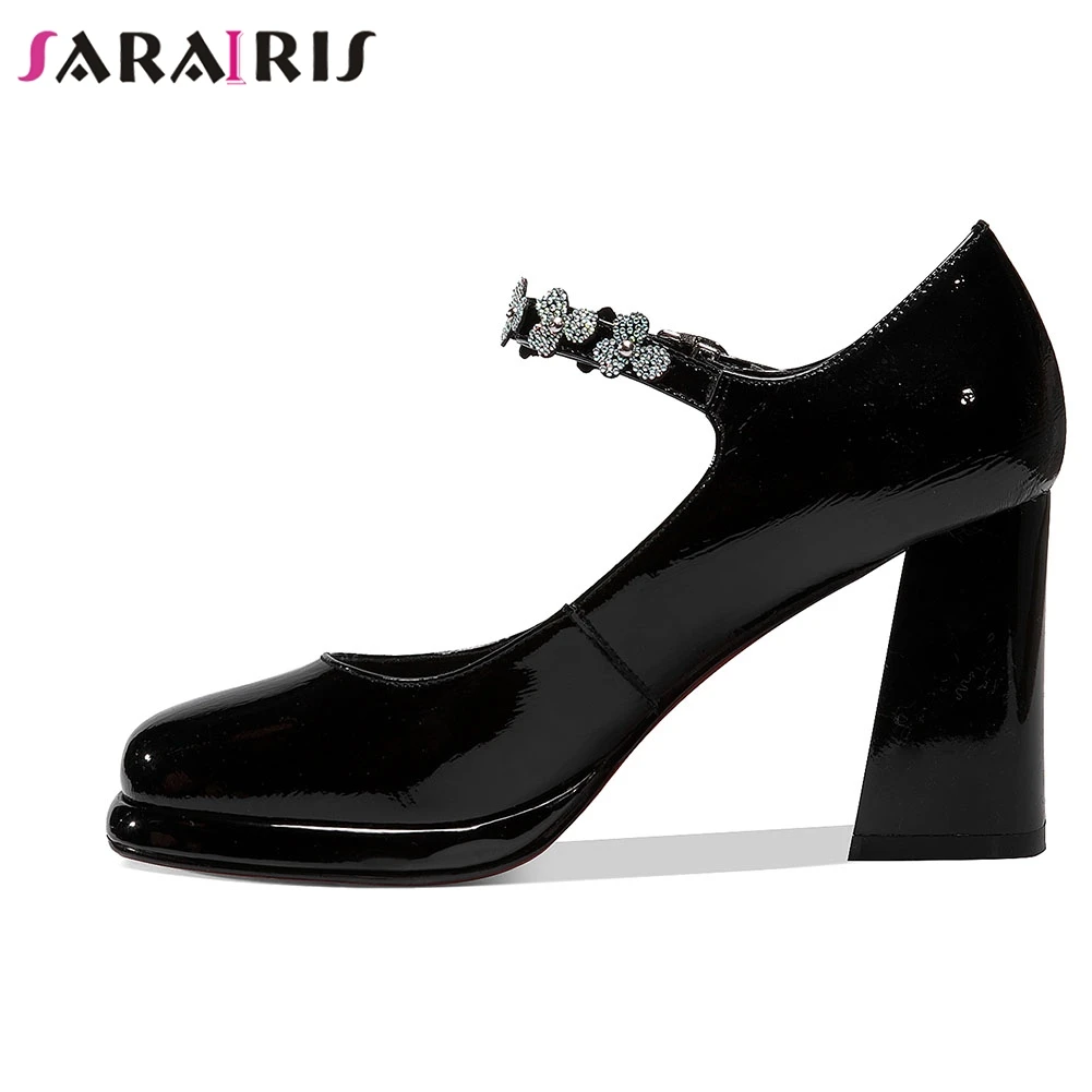 

SARAIRIS Brand Female Genuine Leather Pumps Square Toe High Heels Pumps Women Crystal Belt Buckle Casual Office Shoes Woman