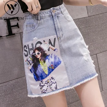 

High waist Denim Skirts Women Fashion Print Washed Jeans Skirt Female Summer Korean Casual Loose A-Line Mini Skirt Streetwear