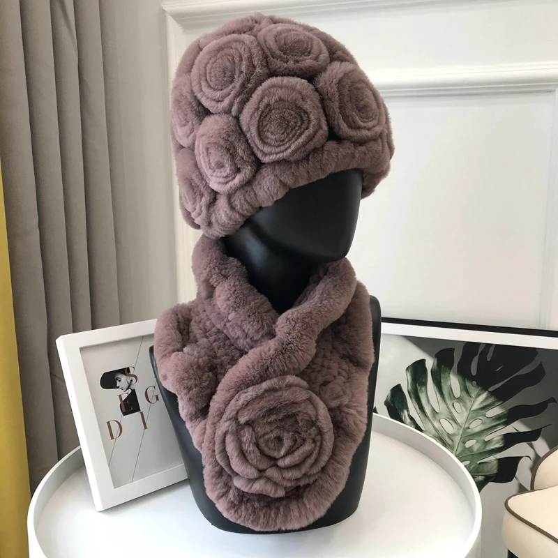 

New Fashion Girl Fur Cap Lady Winter Natural Real Rex Rabbit Fur Hat Scarf Suite Quality Women 100% Genuine Fur Hat Muffler