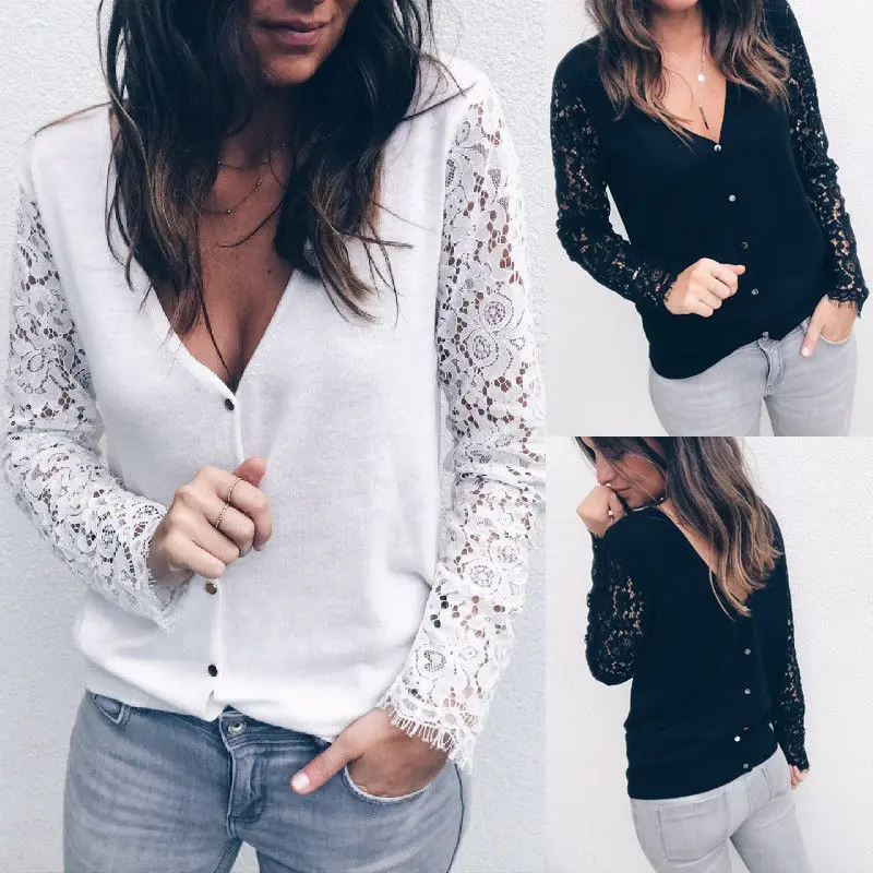 

Fashion Streetwear Women Lace Shirt V-Neck Long Sleeve Summer Casual Loose Tops Blouse S-XL New Plus Size