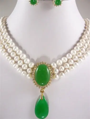 very good 3 Row 6-7mm White/Pink/Black Pearl &amp Green Jade Pendant Necklace Earring 18K yellow gold plated wholesale Quartz s | Украшения