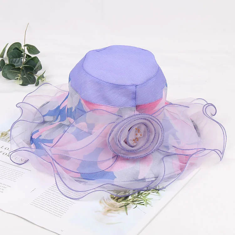 

Mingli Tengda Purple Chiffon Flower Korean Lady Wild Wide Brim Hat Foldable Mesh Cap Bride Wedding Bridal Accessories Tiara Pink