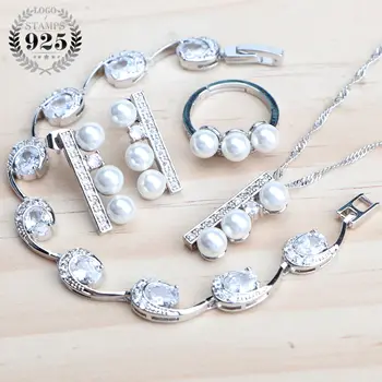 

Silver 925 Bridal Jewelry Sets White Pearls Zirconia Earrings Necklace Pendant Ring Bracelets For Wedding Women Costume Set