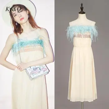 

2002 Summer Party Women Luxury Feather Patchwork Chiffon Dress Elegant Japanese Plaid A-line Long Dress Party Beach Clothes