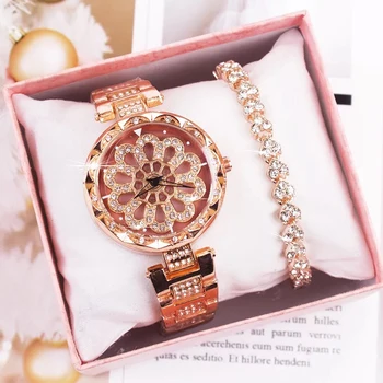 

Ladies Wrist Watches Set With Bracelet Box 2Pcs Women 360 Degree Rotation Quartz Watch Fashion Female Watch For Relogio Feminino